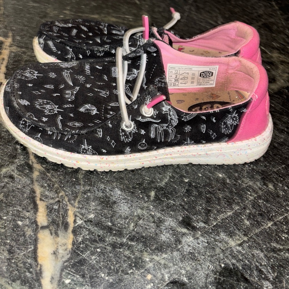 Hey Dude Kids Unicorn Casual Slip-On Sneakers in Black and Pink
